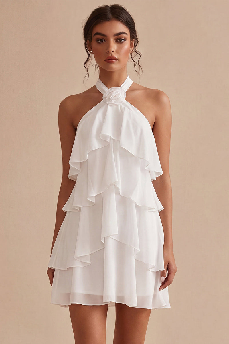 Load image into Gallery viewer, White Tiered Ruffled A-Line Short Graduation Dress with 3D Flower