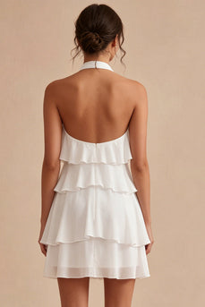 White Tiered Ruffled A-Line Short Graduation Dress with 3D Flower