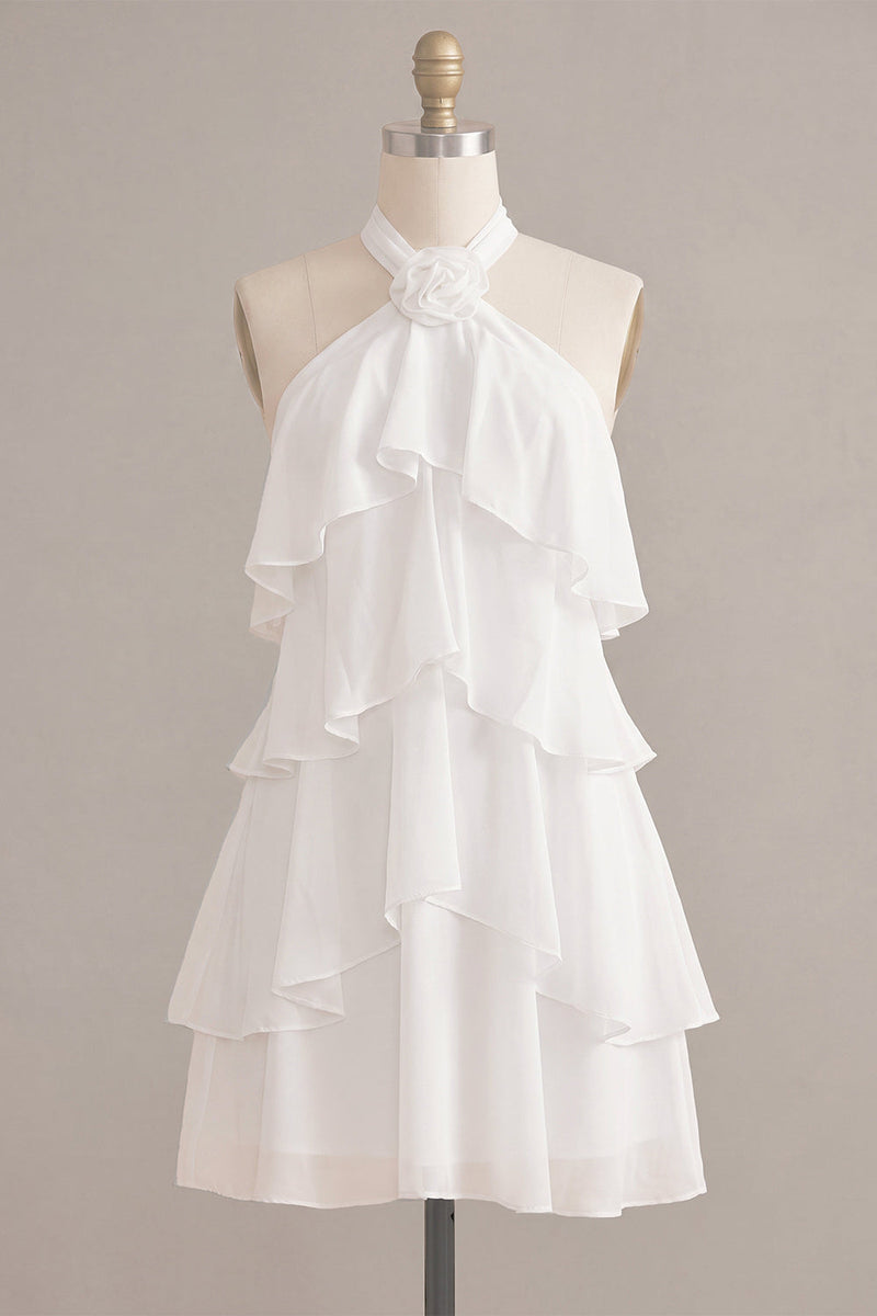 Load image into Gallery viewer, White Tiered Ruffled A-Line Short Graduation Dress with 3D Flower