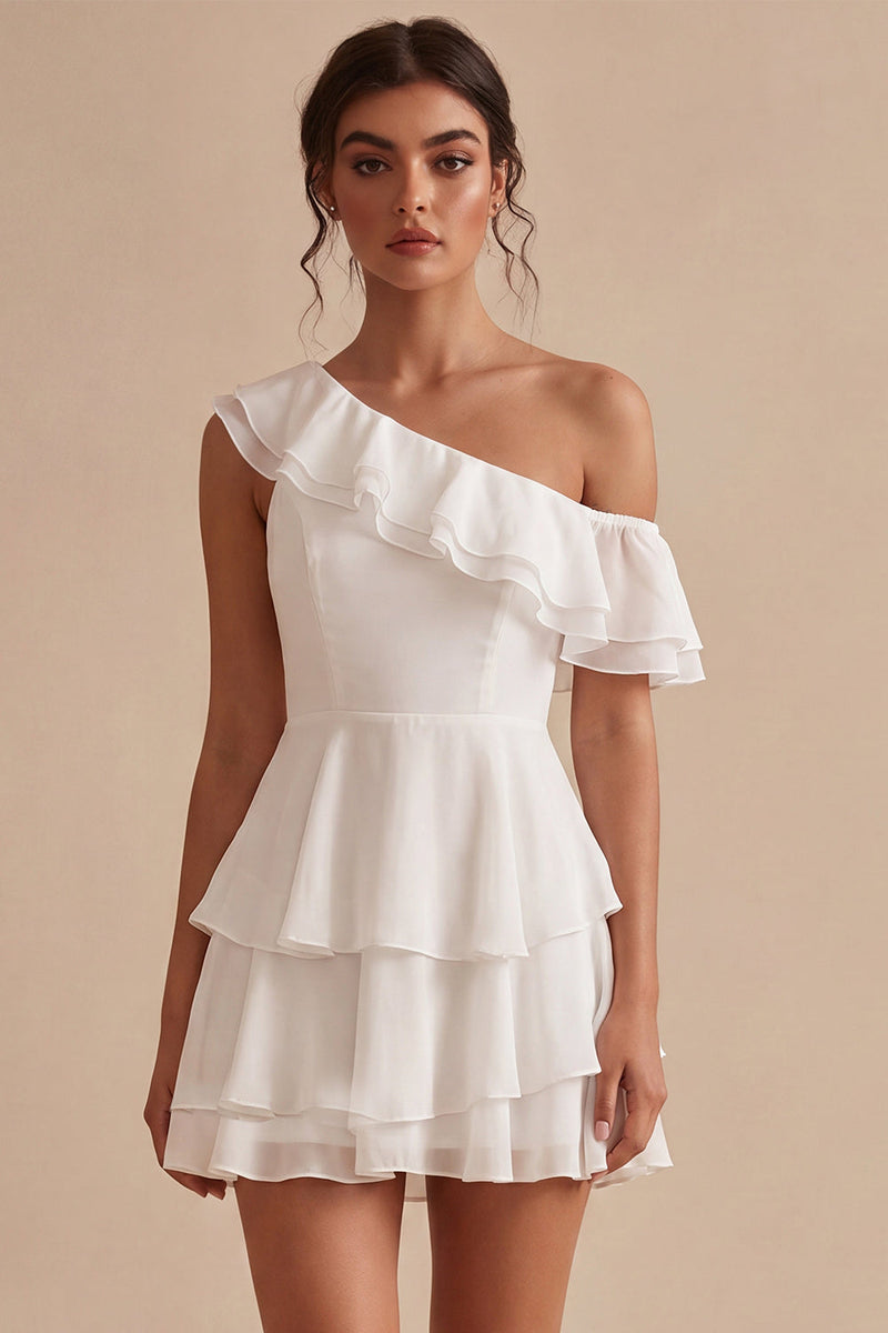 Load image into Gallery viewer, White Tiered Ruffled A-Line One Shoulder Short Graduation Dress