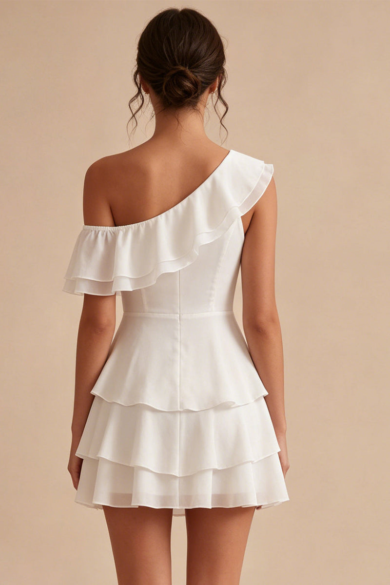 Load image into Gallery viewer, White Tiered Ruffled A-Line One Shoulder Short Graduation Dress