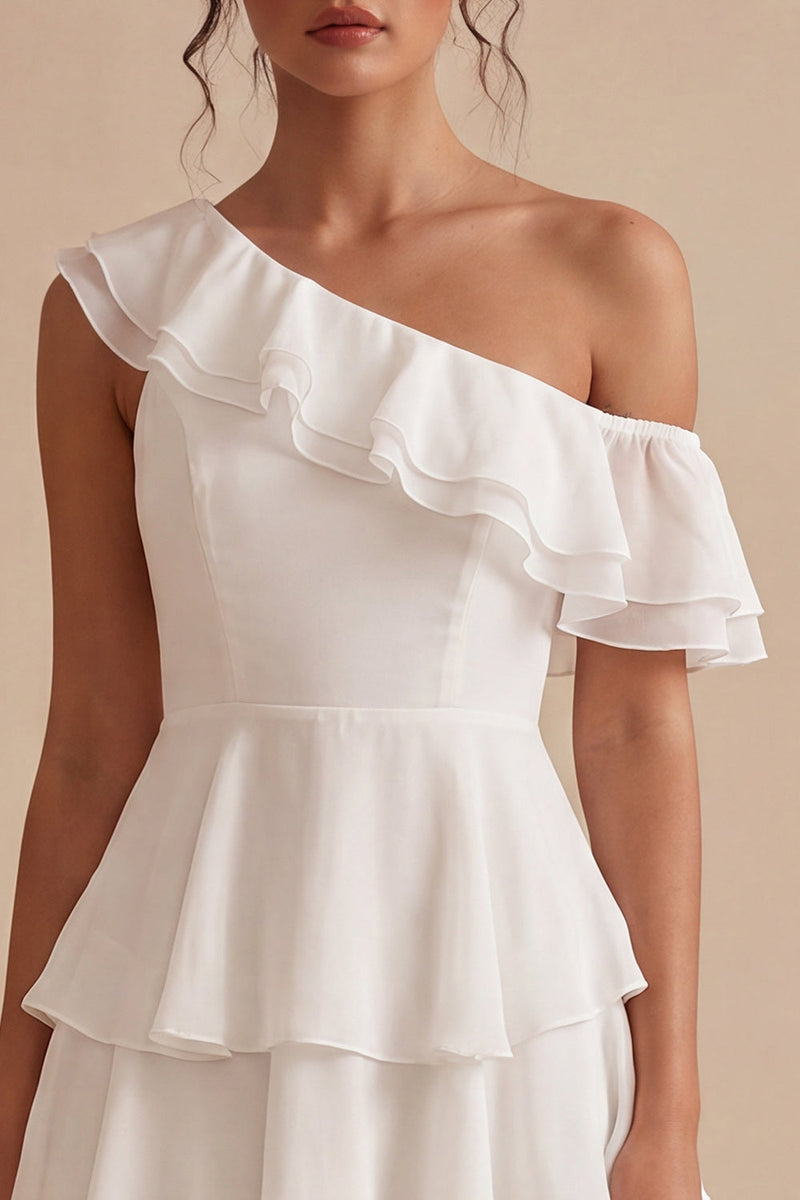 Load image into Gallery viewer, White Tiered Ruffled A-Line One Shoulder Short Graduation Dress