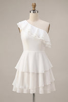 Load image into Gallery viewer, White Tiered Ruffled A-Line One Shoulder Short Graduation Dress