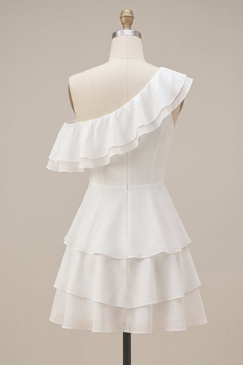 Load image into Gallery viewer, White Tiered Ruffled A-Line One Shoulder Short Graduation Dress