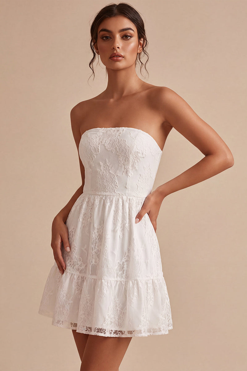 Load image into Gallery viewer, White Lace Strapless A-Line Short Graduation Dress