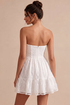 White Lace Strapless A-Line Short Graduation Dress