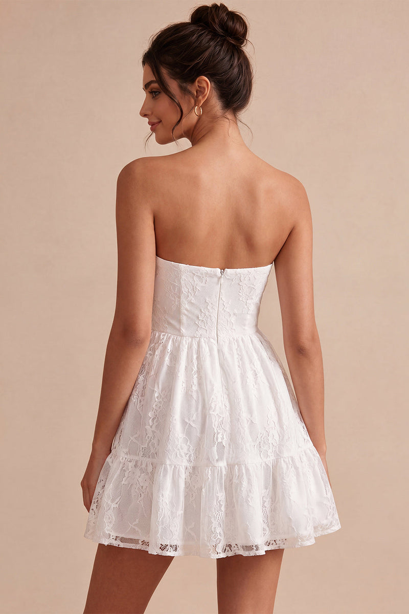Load image into Gallery viewer, White Lace Strapless A-Line Short Graduation Dress