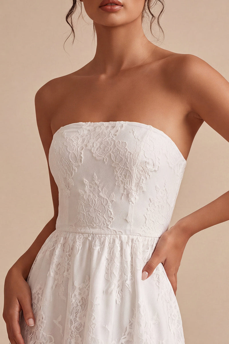 Load image into Gallery viewer, White Lace Strapless A-Line Short Graduation Dress
