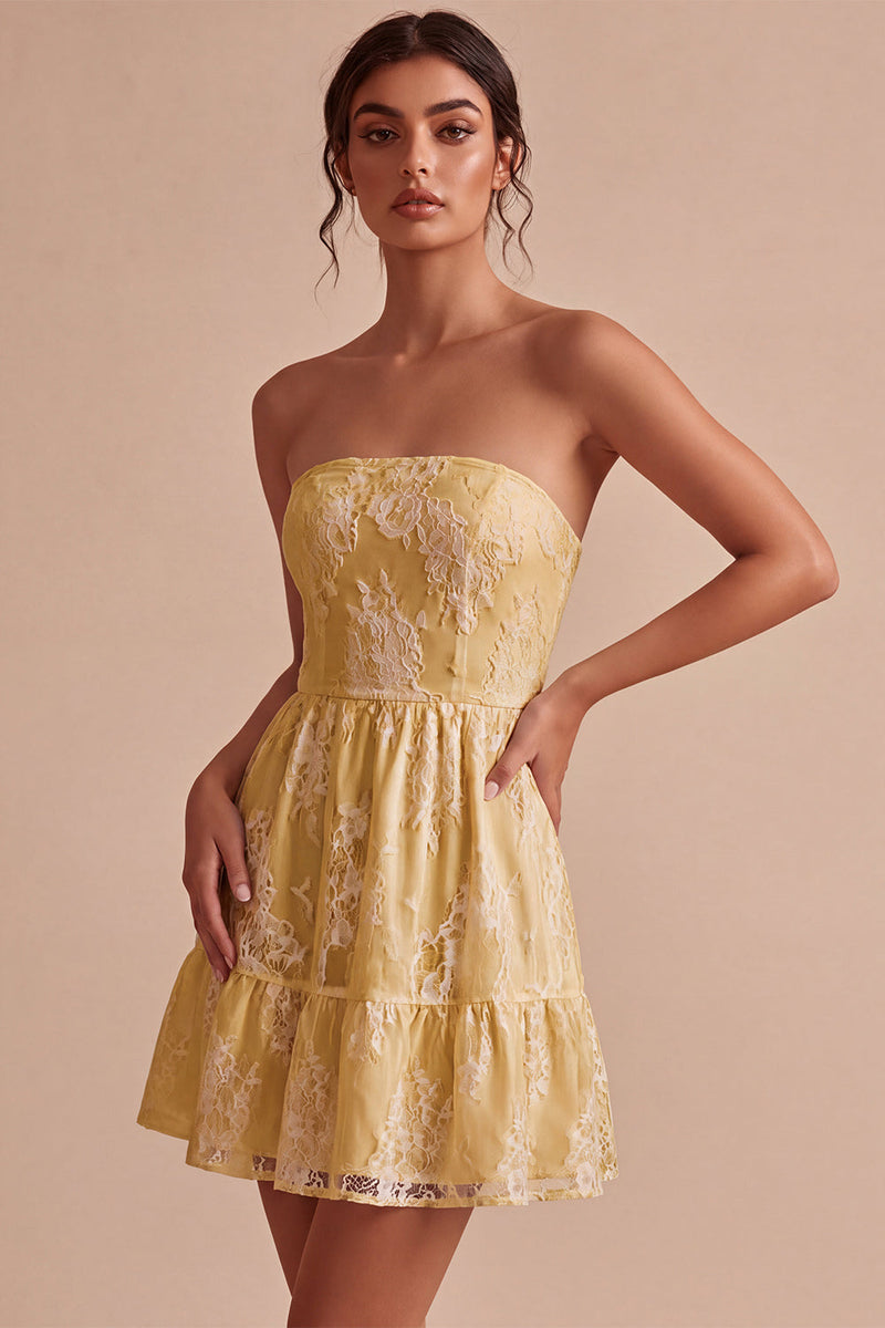 Load image into Gallery viewer, White Lace Strapless A-Line Short Graduation Dress