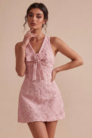 Load image into Gallery viewer, Floral White V Neck A Line Short Graduation Dress with Bow