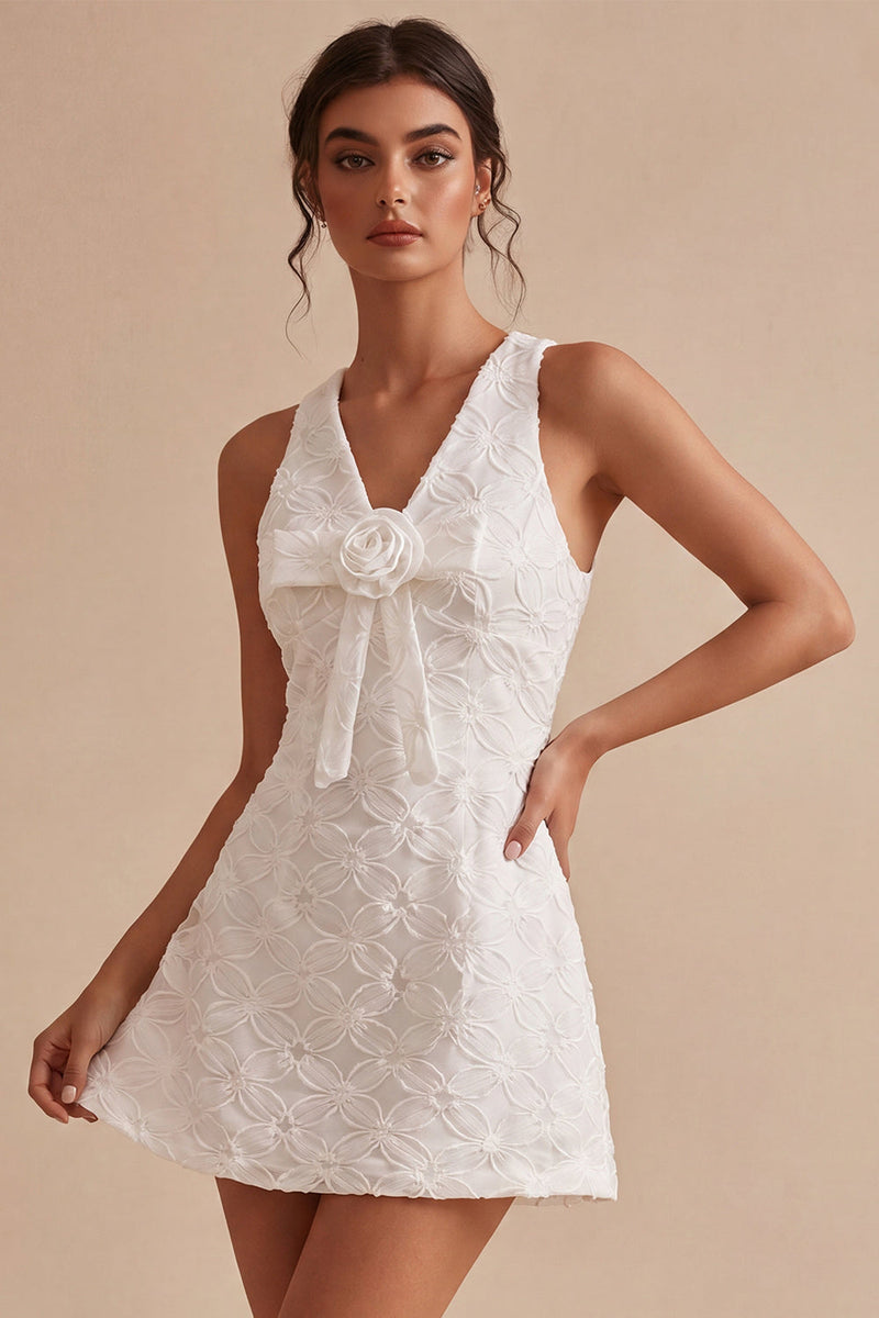 Load image into Gallery viewer, Floral White V Neck A Line Short Graduation Dress with Bow