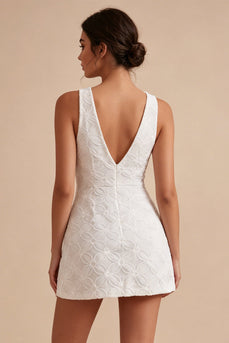 Floral White V Neck A Line Short Graduation Dress with Bow
