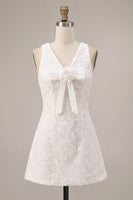 Load image into Gallery viewer, Floral White V Neck A Line Short Graduation Dress with Bow