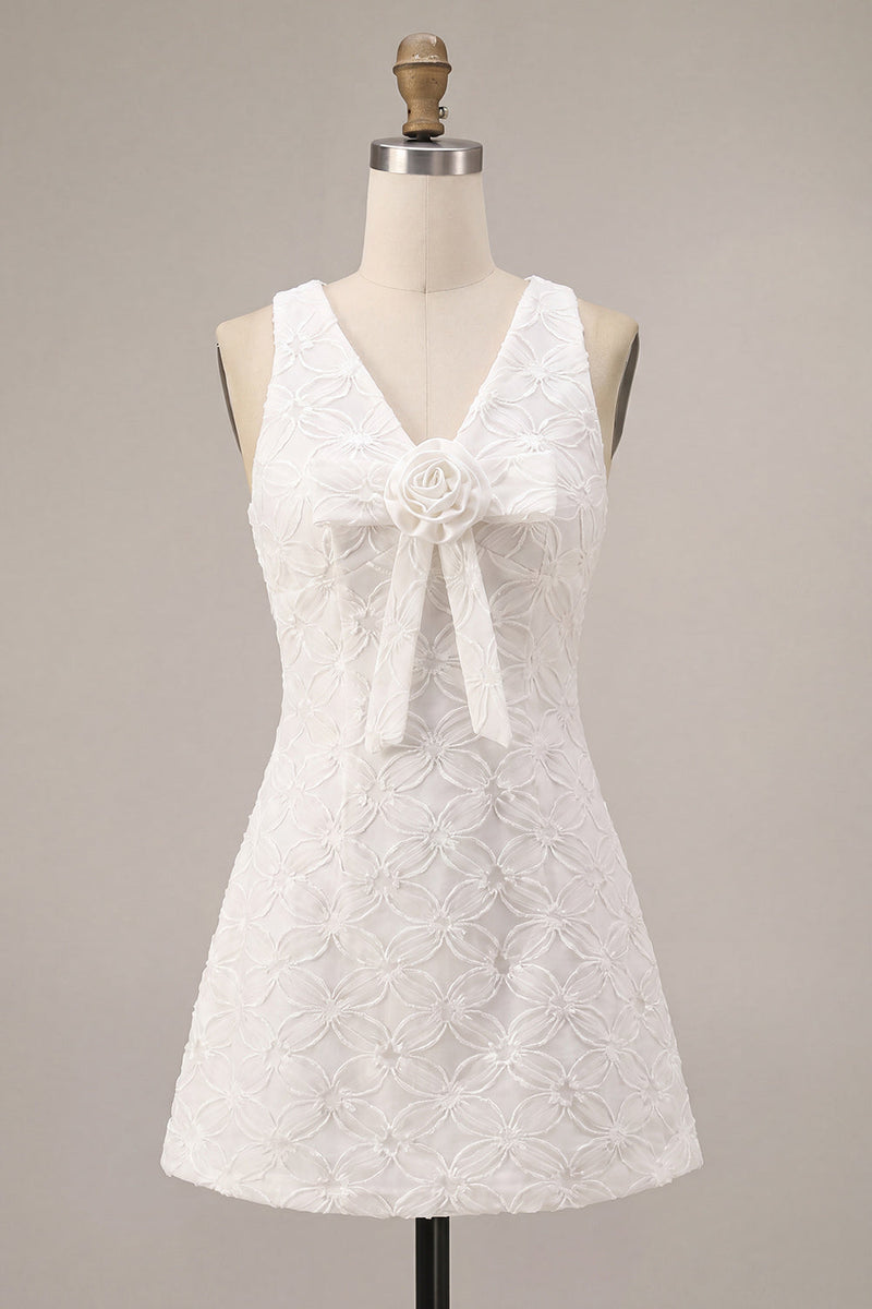 Load image into Gallery viewer, Floral White V Neck A Line Short Graduation Dress with Bow