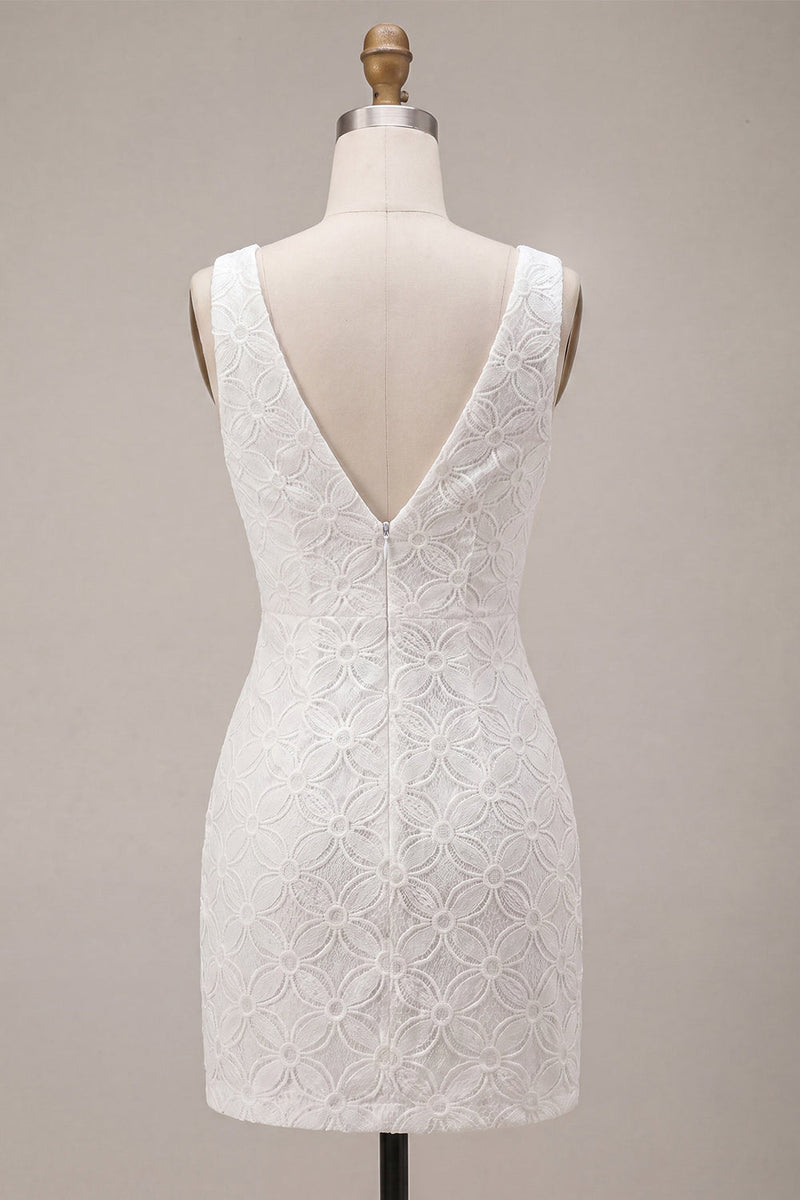 Load image into Gallery viewer, Floral White V Neck A Line Short Graduation Dress with Bow