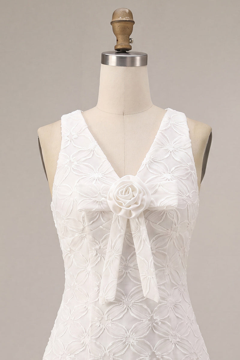 Load image into Gallery viewer, Floral White V Neck A Line Short Graduation Dress with Bow