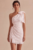 Load image into Gallery viewer, Floral White Ruched Tight Short Keyhole Graduation Dress with Bow