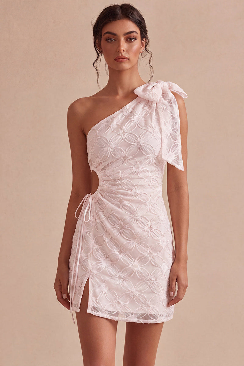 Load image into Gallery viewer, Floral White Ruched Tight Short Keyhole Graduation Dress with Bow