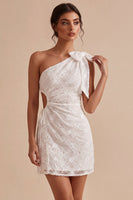 Load image into Gallery viewer, Floral White Ruched Tight Short Keyhole Graduation Dress with Bow