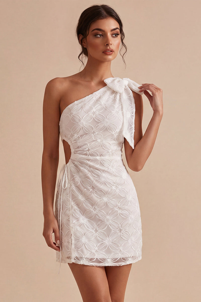 Load image into Gallery viewer, Floral White Ruched Tight Short Keyhole Graduation Dress with Bow