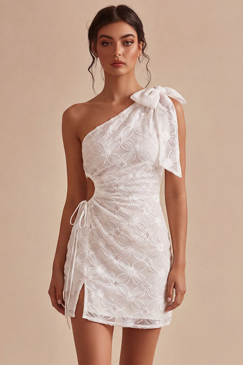 Load image into Gallery viewer, Floral White Ruched Tight Short Keyhole Graduation Dress with Bow