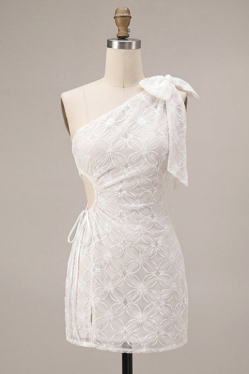 Load image into Gallery viewer, Floral White Ruched Tight Short Keyhole Graduation Dress with Bow