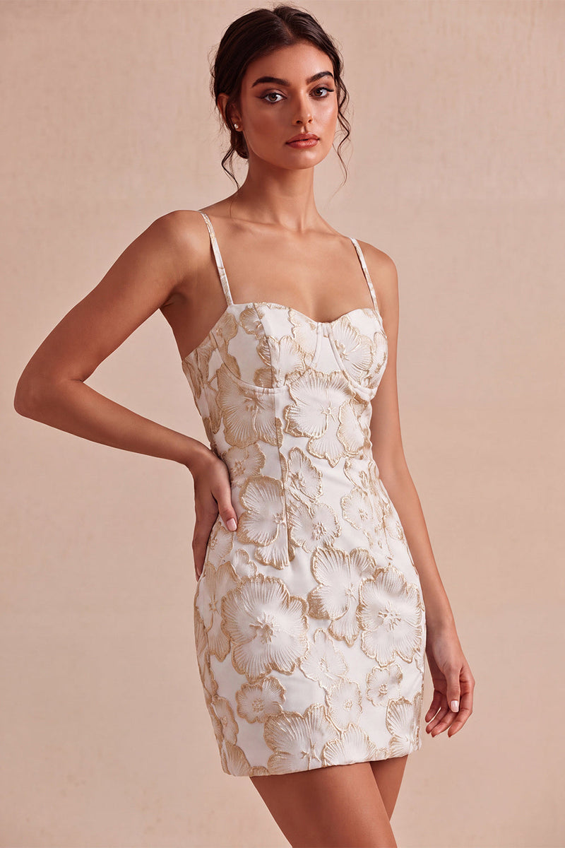 Load image into Gallery viewer, Floral Ivory Jacquard Tight Short Graduation Dress