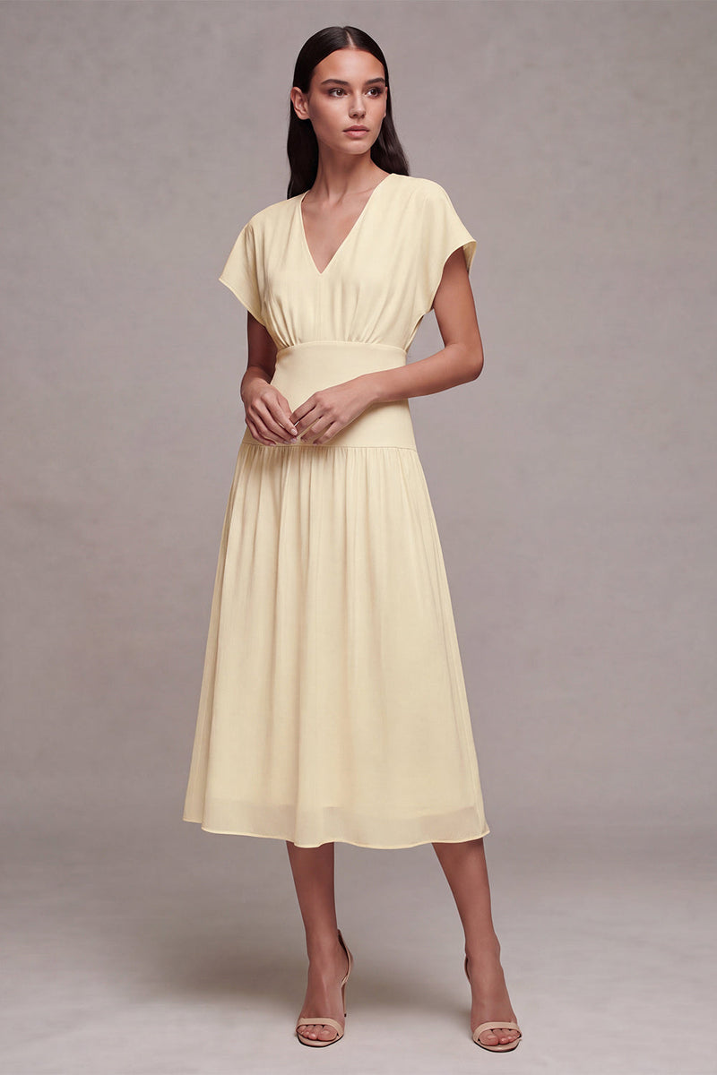 Load image into Gallery viewer, Simple White Chiffon V Neck A Line Midi Graduation Dress