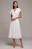 Load image into Gallery viewer, Simple White Chiffon V Neck A Line Midi Graduation Dress