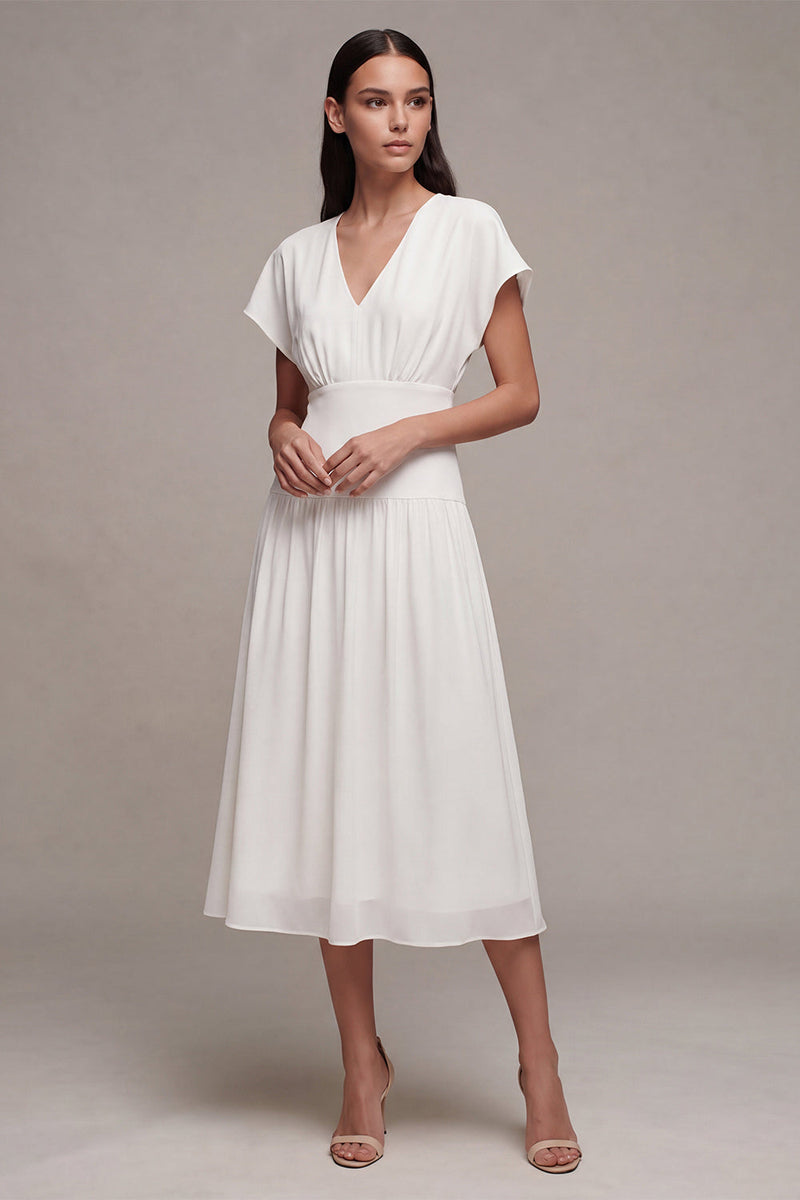 Load image into Gallery viewer, Simple White Chiffon V Neck A Line Midi Graduation Dress