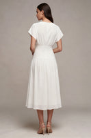Load image into Gallery viewer, Simple White Chiffon V Neck A Line Midi Graduation Dress