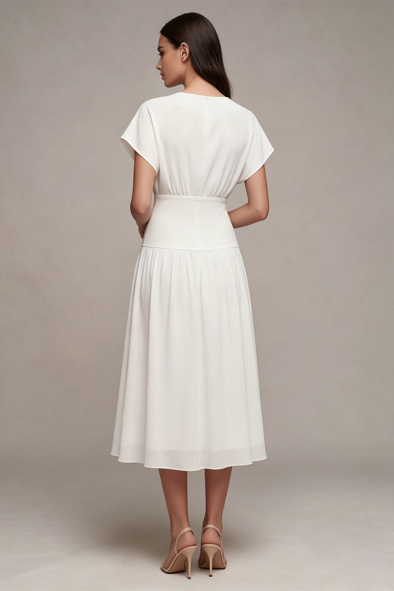 Load image into Gallery viewer, Simple White Chiffon V Neck A Line Midi Graduation Dress