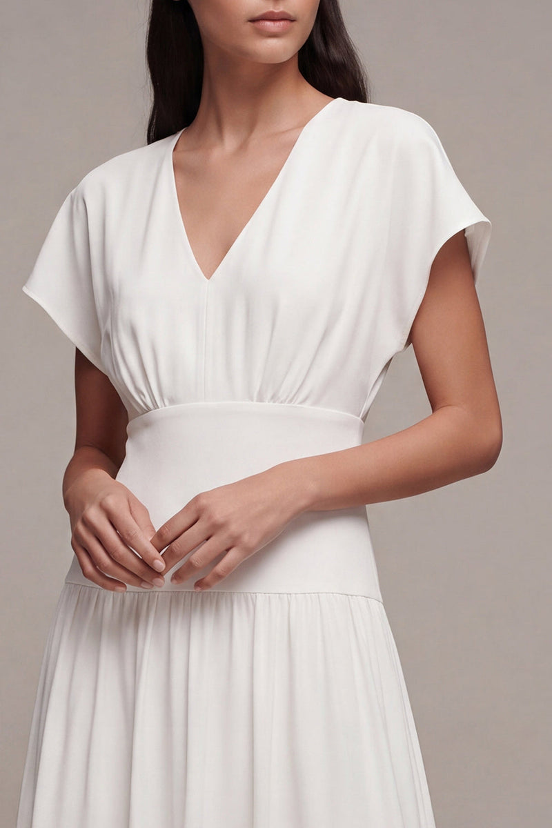 Load image into Gallery viewer, Simple White Chiffon V Neck A Line Midi Graduation Dress