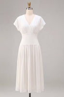 Load image into Gallery viewer, Simple White Chiffon V Neck A Line Midi Graduation Dress
