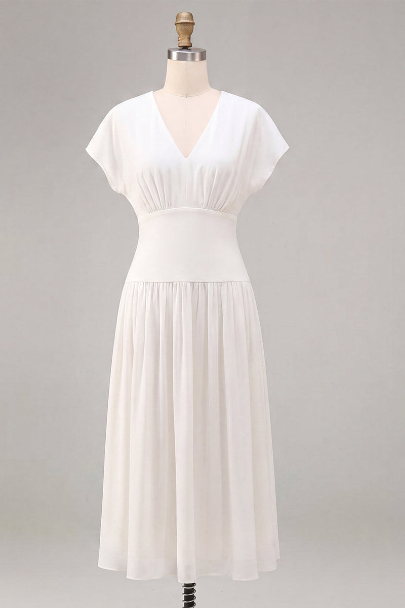 Load image into Gallery viewer, Simple White Chiffon V Neck A Line Midi Graduation Dress