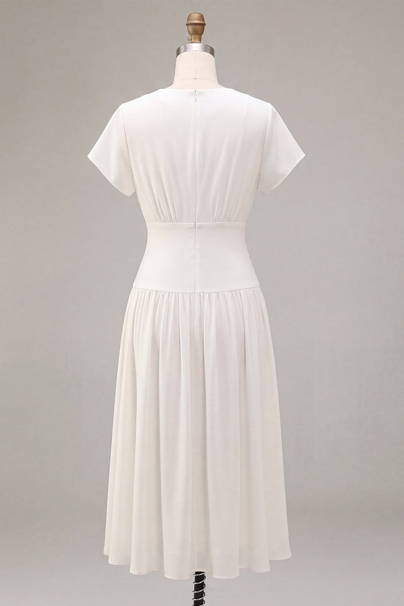 Load image into Gallery viewer, Simple White Chiffon V Neck A Line Midi Graduation Dress