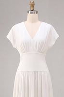 Load image into Gallery viewer, Simple White Chiffon V Neck A Line Midi Graduation Dress
