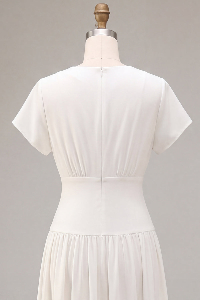 Load image into Gallery viewer, Simple White Chiffon V Neck A Line Midi Graduation Dress