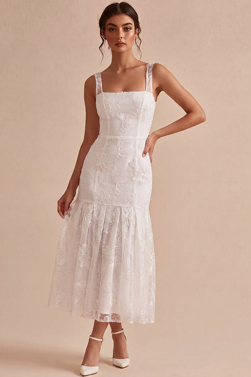 Load image into Gallery viewer, Floral White Thick Straps Ruched Long Graduation Dress