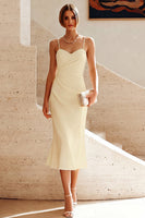 Load image into Gallery viewer, White Ruched Pencil Spaghetti Straps Midi Graduation Dress