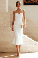 Load image into Gallery viewer, White Ruched Pencil Spaghetti Straps Midi Graduation Dress