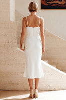Load image into Gallery viewer, White Ruched Pencil Spaghetti Straps Midi Graduation Dress