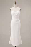 Load image into Gallery viewer, White Ruched Pencil Spaghetti Straps Midi Graduation Dress