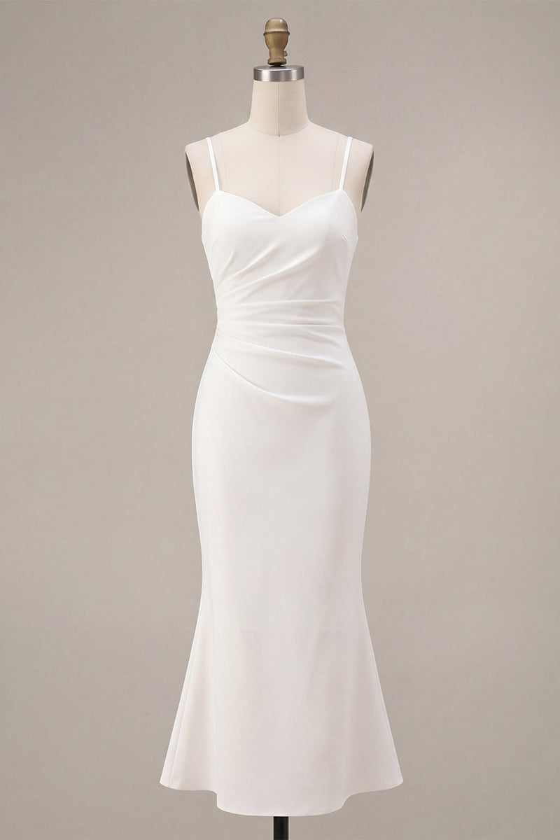 Load image into Gallery viewer, White Ruched Pencil Spaghetti Straps Midi Graduation Dress