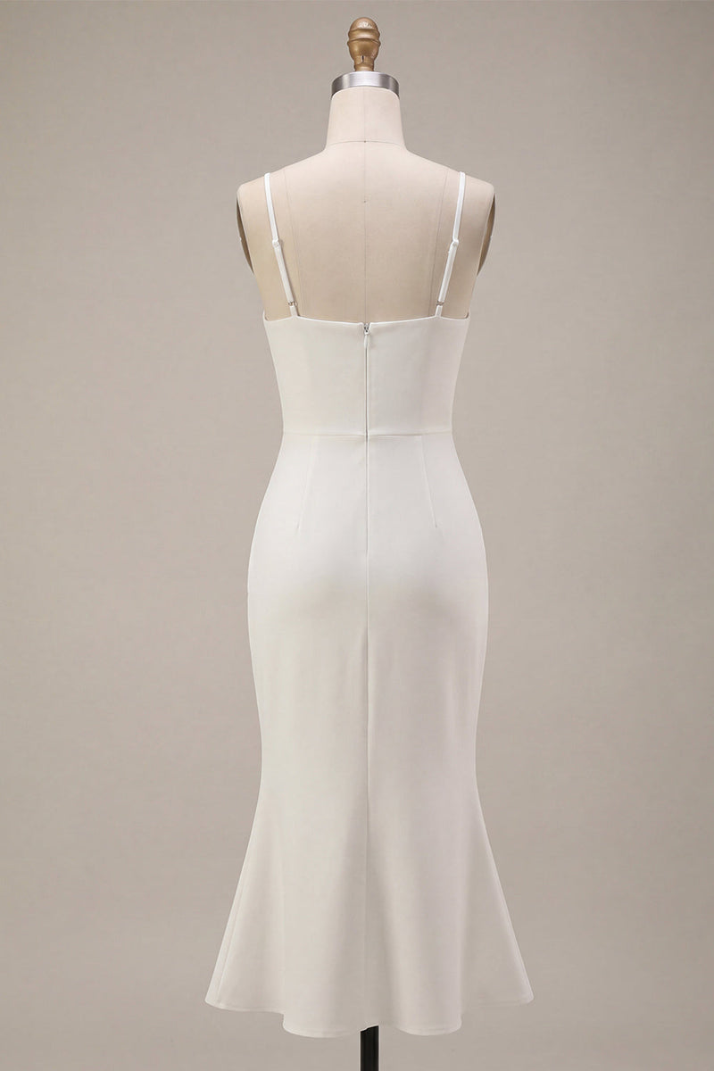 Load image into Gallery viewer, White Ruched Pencil Spaghetti Straps Midi Graduation Dress