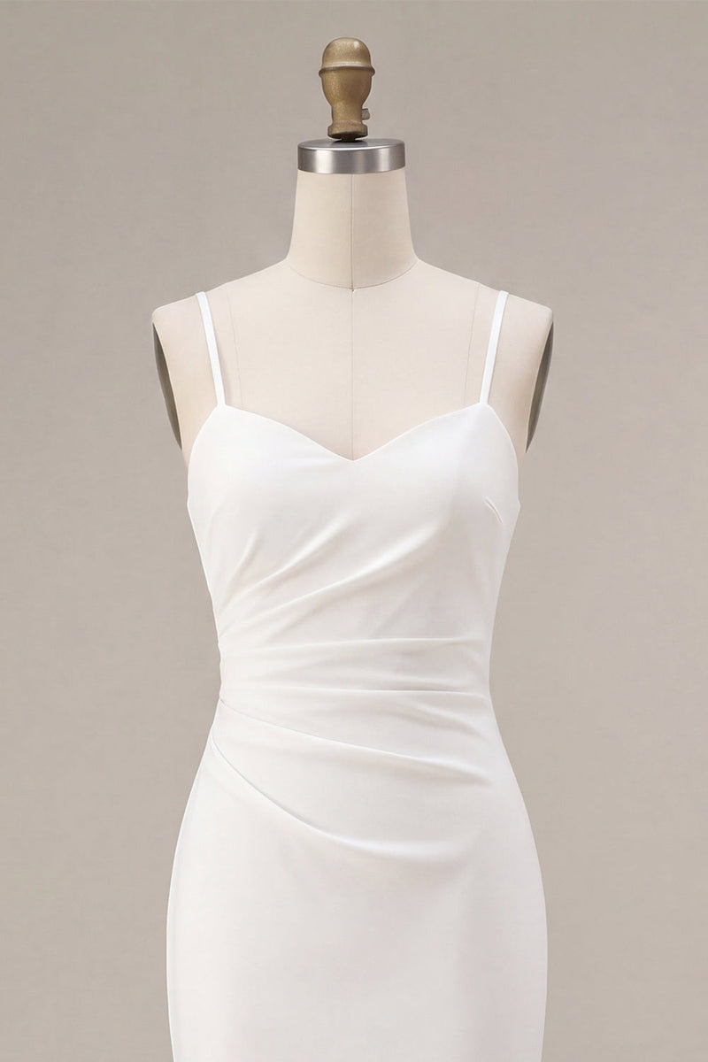 Load image into Gallery viewer, White Ruched Pencil Spaghetti Straps Midi Graduation Dress