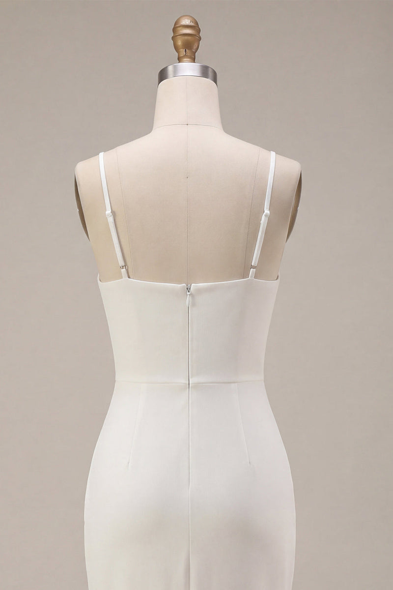 Load image into Gallery viewer, White Ruched Pencil Spaghetti Straps Midi Graduation Dress