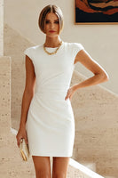 Load image into Gallery viewer, White Satin Ruched Tight Short Graduation Dress with Sleeves