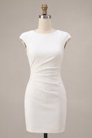 Load image into Gallery viewer, White Satin Ruched Tight Short Graduation Dress with Sleeves