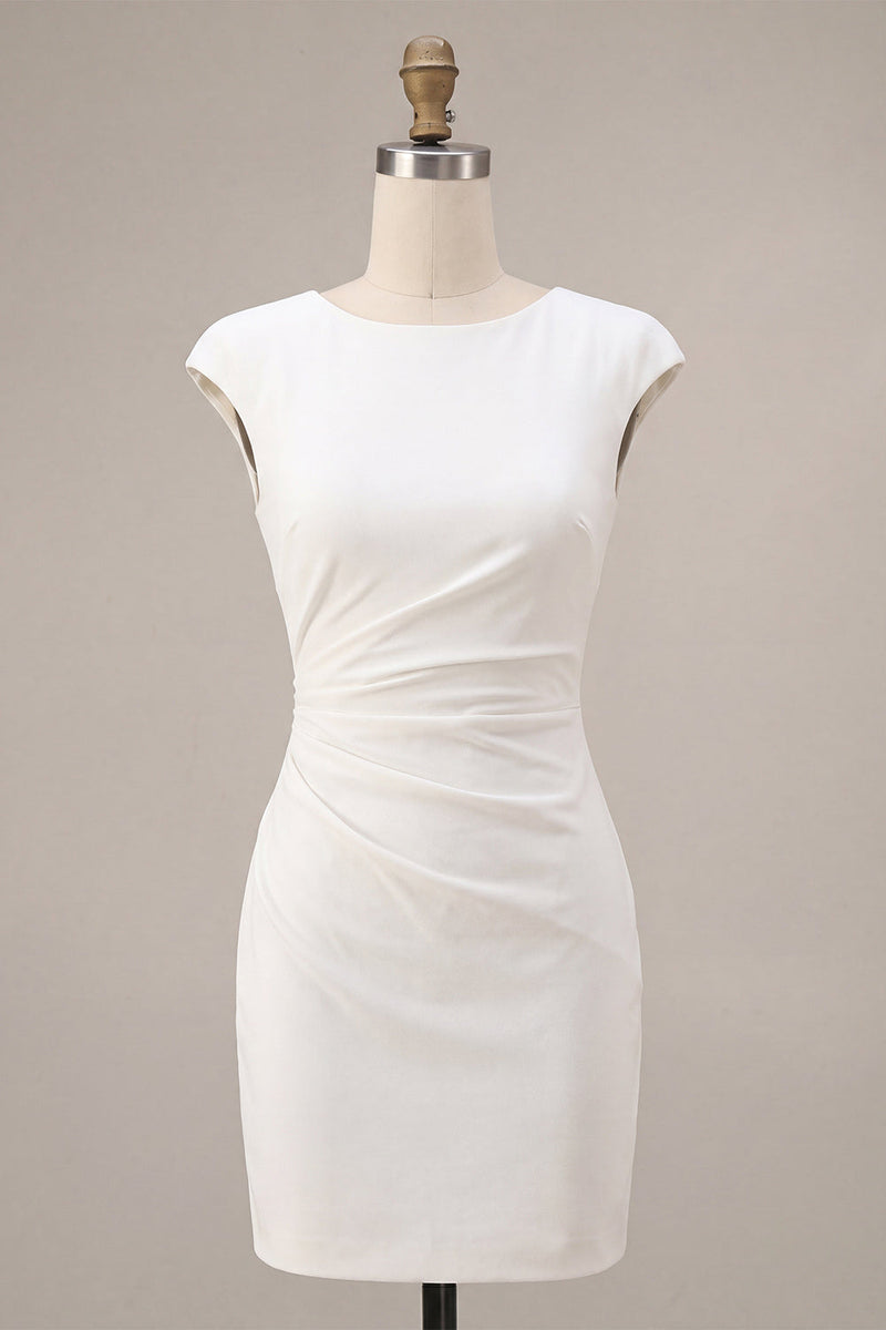 Load image into Gallery viewer, White Satin Ruched Tight Short Graduation Dress with Sleeves